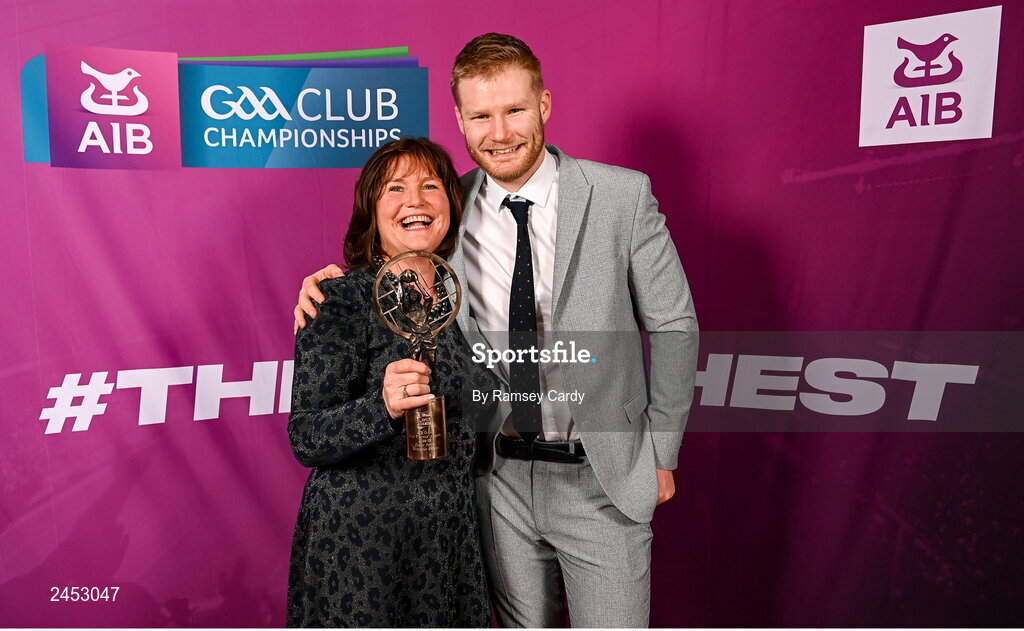 10 March 2023; Conor Ferris of Kilmacud Crokes, with his mother Francis, at the AIB Club Players Awards at Croke Park in Dublin. Photo by Ramsey Cardy/Sportsfile