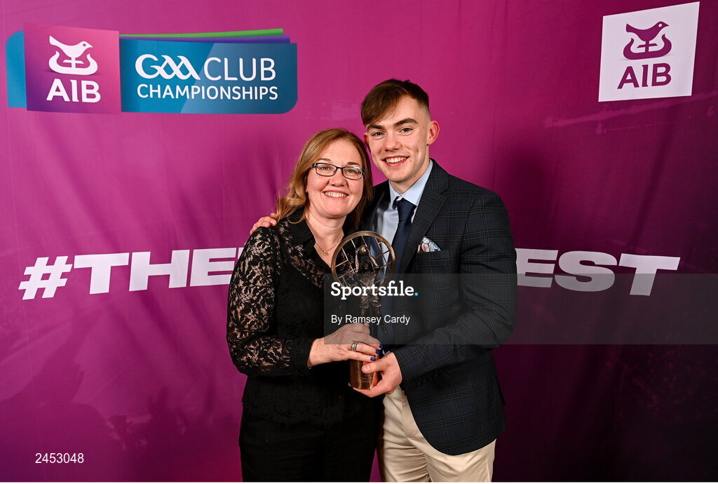10 March 2023; Dan O'Brien of Kilmacud Crokes, with his mother Lorraine, at the AIB Club Players Awards at Croke Park in Dublin. Photo by Ramsey Cardy/Sportsfile