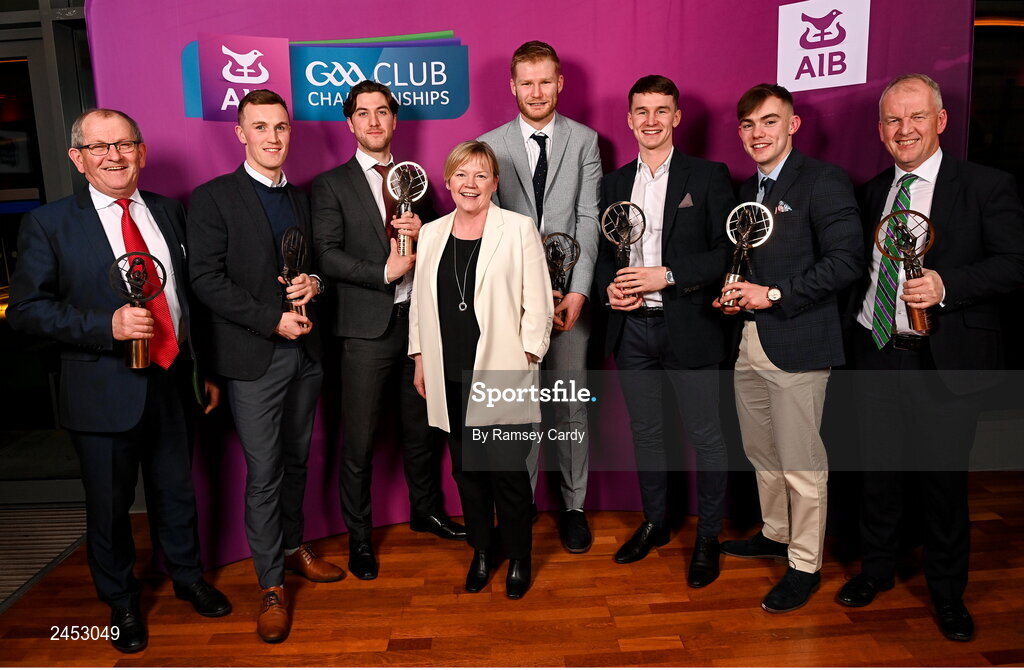 10 March 2023; Kilamcud Crokes representatives, from left, Gerry Walsh, Shane Cunningham, Andrew McGowan, chairperson Joan Keogh, Conor Ferris, Dara Mullin, football chairman Pat HorganDan O'Brien at the AIB Club Players Awards at Croke Park in Dublin. Photo by Ramsey Cardy/Sportsfile
