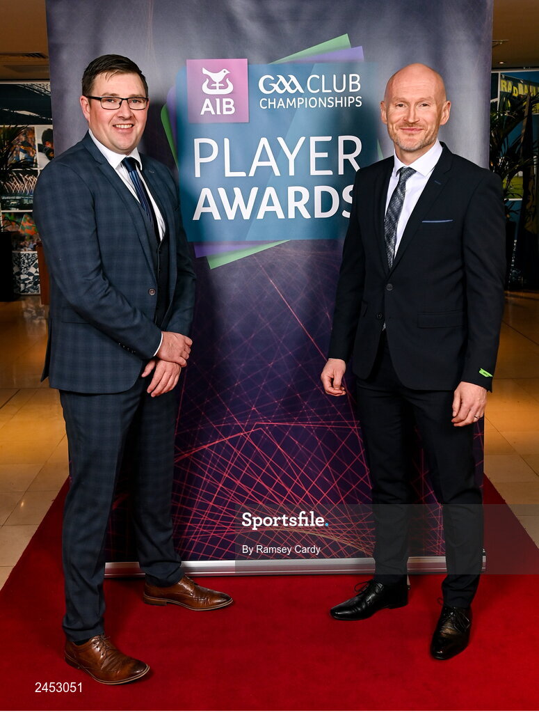 10 March 2023; Jimmy Meagher and Niall Lacey upon arrival at the AIB Club Players Awards at Croke Park in Dublin. Photo by Ramsey Cardy/Sportsfile