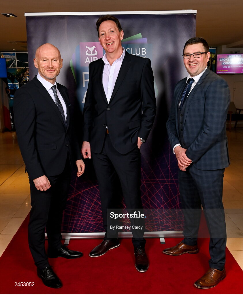 10 March 2023; Jimmy Meagher, Pat Hoban, and Niall Lacey upon arrival at the AIB Club Players Awards at Croke Park in Dublin. Photo by Ramsey Cardy/Sportsfile