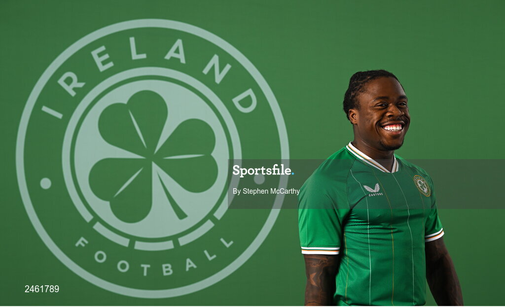 19 March 2023; Michael Obafemi poses for a portrait during a Republic of Ireland squad portrait session at Castleknock Hotel in Dublin. Photo by Stephen McCarthy/Sportsfile
