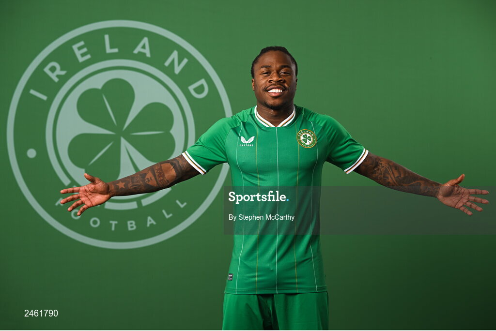 19 March 2023; Michael Obafemi poses for a portrait during a Republic of Ireland squad portrait session at Castleknock Hotel in Dublin. Photo by Stephen McCarthy/Sportsfile