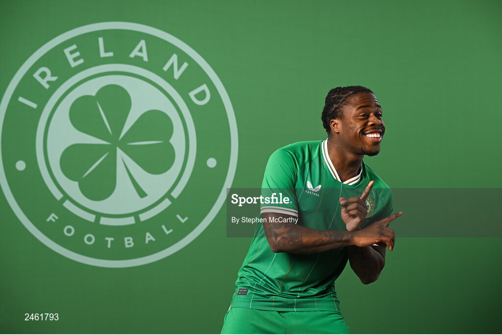 19 March 2023; Michael Obafemi poses for a portrait during a Republic of Ireland squad portrait session at Castleknock Hotel in Dublin. Photo by Stephen McCarthy/Sportsfile