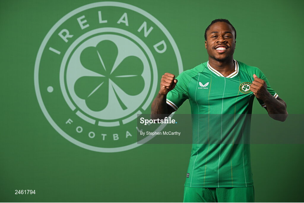 19 March 2023; Michael Obafemi poses for a portrait during a Republic of Ireland squad portrait session at Castleknock Hotel in Dublin. Photo by Stephen McCarthy/Sportsfile