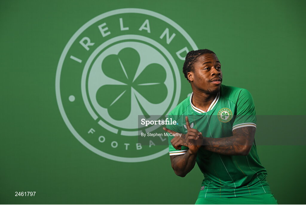 19 March 2023; Michael Obafemi poses for a portrait during a Republic of Ireland squad portrait session at Castleknock Hotel in Dublin. Photo by Stephen McCarthy/Sportsfile