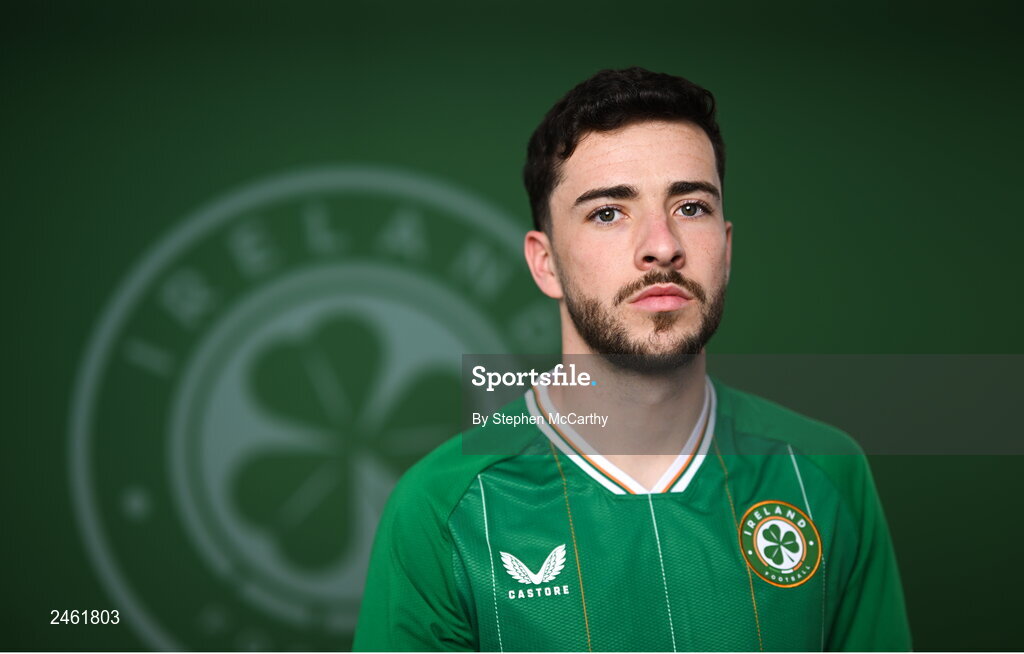 19 March 2023; Mikey Johnston poses for a portrait during a Republic of Ireland squad portrait session at Castleknock Hotel in Dublin. Photo by Stephen McCarthy/Sportsfile