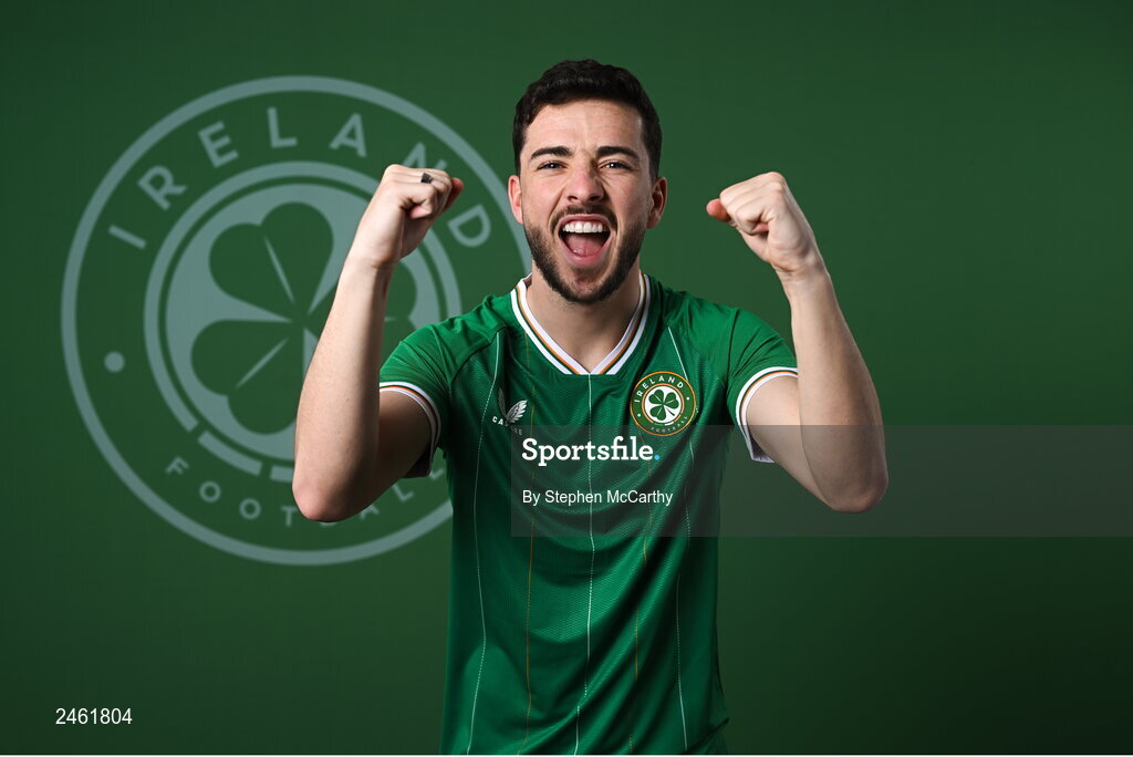 19 March 2023; Mikey Johnston poses for a portrait during a Republic of Ireland squad portrait session at Castleknock Hotel in Dublin. Photo by Stephen McCarthy/Sportsfile