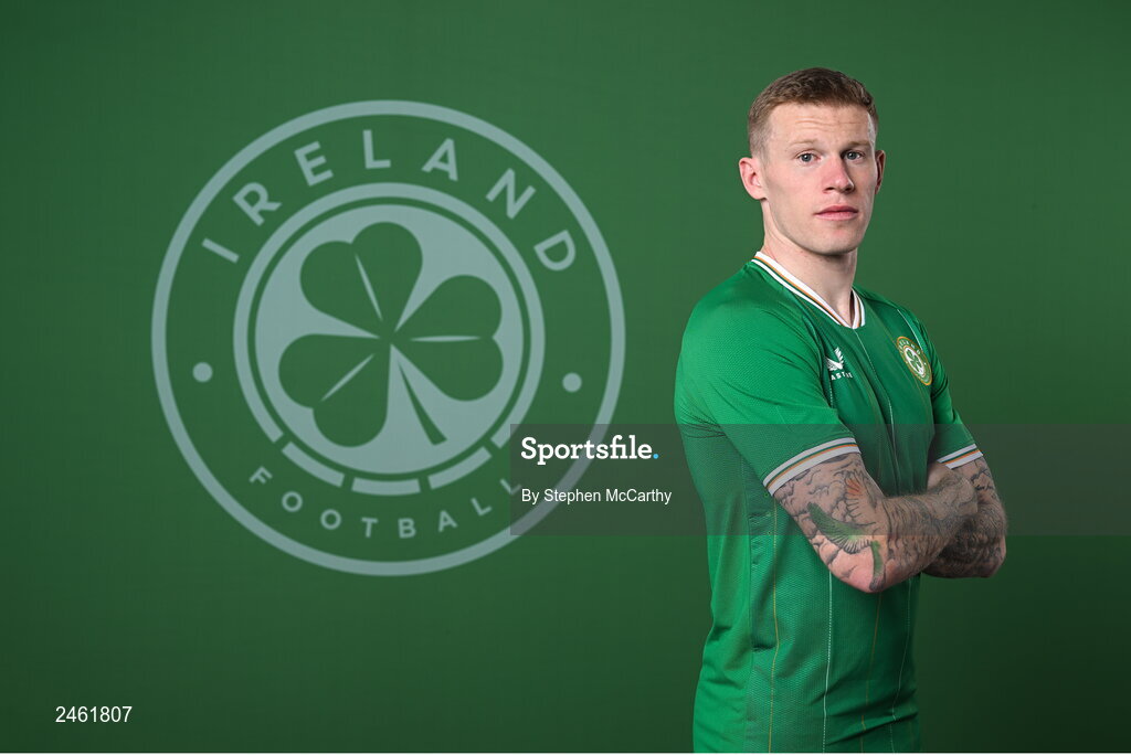 19 March 2023; James McClean poses for a portrait during a Republic of Ireland squad portrait session at Castleknock Hotel in Dublin. Photo by Stephen McCarthy/Sportsfile
