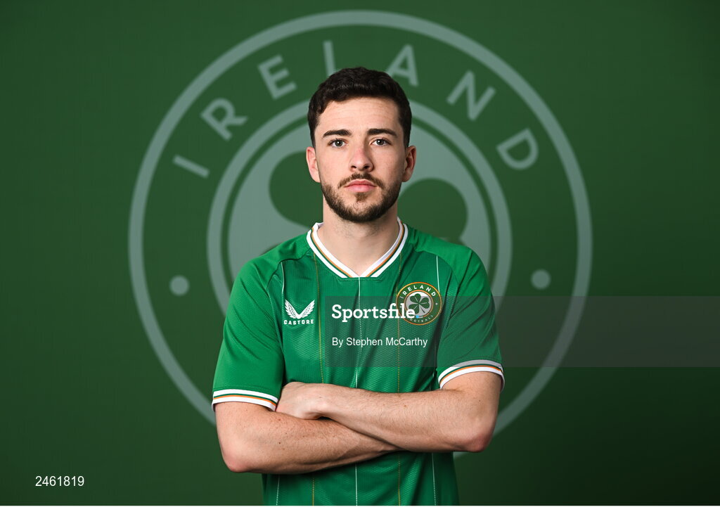19 March 2023; Mikey Johnston poses for a portrait during a Republic of Ireland squad portrait session at Castleknock Hotel in Dublin. Photo by Stephen McCarthy/Sportsfile