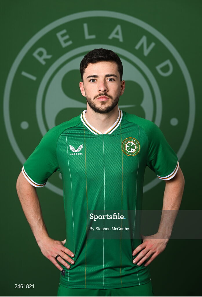 19 March 2023; Mikey Johnston poses for a portrait during a Republic of Ireland squad portrait session at Castleknock Hotel in Dublin. Photo by Stephen McCarthy/Sportsfile