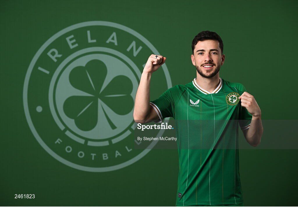 19 March 2023; Mikey Johnston poses for a portrait during a Republic of Ireland squad portrait session at Castleknock Hotel in Dublin. Photo by Stephen McCarthy/Sportsfile