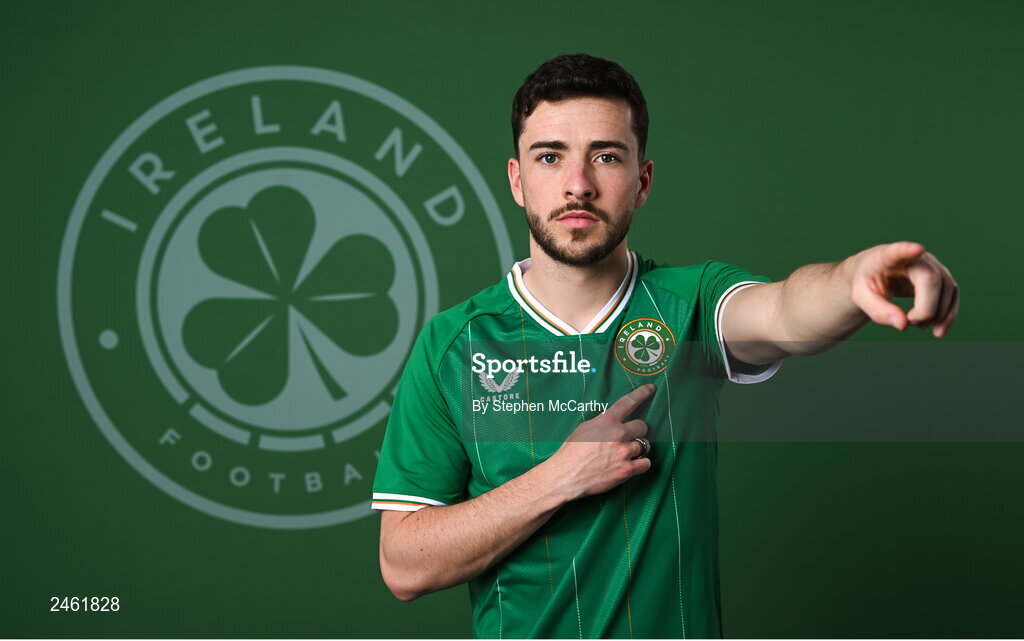 19 March 2023; Mikey Johnston poses for a portrait during a Republic of Ireland squad portrait session at Castleknock Hotel in Dublin. Photo by Stephen McCarthy/Sportsfile
