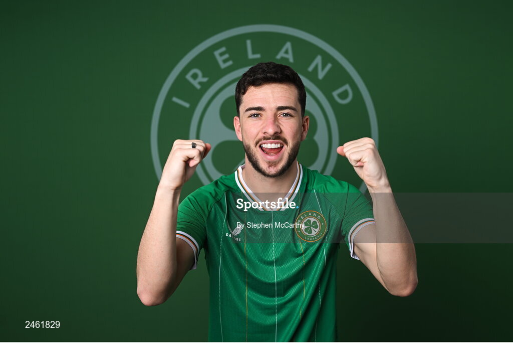19 March 2023; Mikey Johnston poses for a portrait during a Republic of Ireland squad portrait session at Castleknock Hotel in Dublin. Photo by Stephen McCarthy/Sportsfile