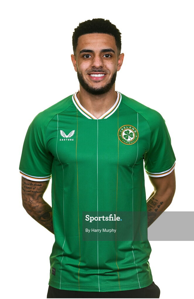 19 March 2023; Andrew Omobamidele poses for a portrait during a Republic of Ireland squad portrait session at Castleknock Hotel in Dublin. Photo by Harry Murphy/Sportsfile