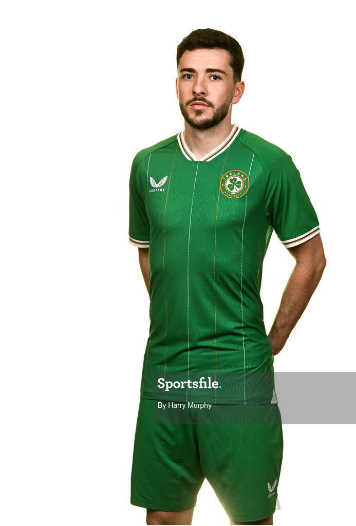 19 March 2023; Mikey Johnston poses for a portrait during a Republic of Ireland squad portrait session at Castleknock Hotel in Dublin. Photo by Harry Murphy/Sportsfile
