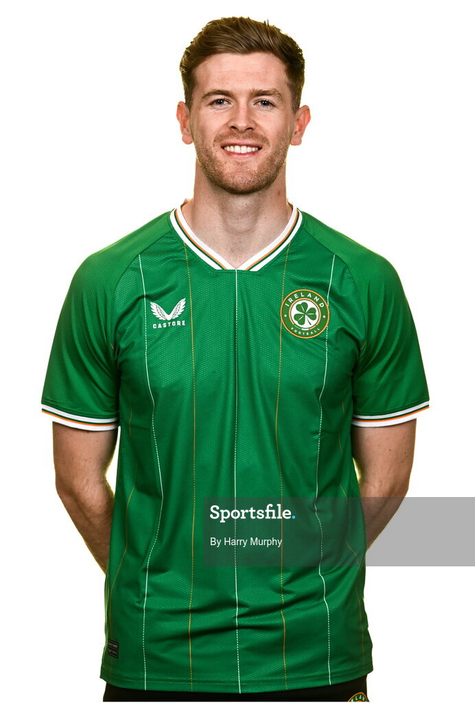 19 March 2023; Nathan Collins poses for a portrait during a Republic of Ireland squad portrait session at Castleknock Hotel in Dublin. Photo by Harry Murphy/Sportsfile