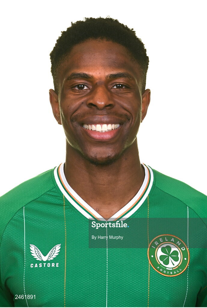 19 March 2023; Chiedozie Ogbene poses for a portrait during a Republic of Ireland squad portrait session at Castleknock Hotel in Dublin. Photo by Harry Murphy/Sportsfile