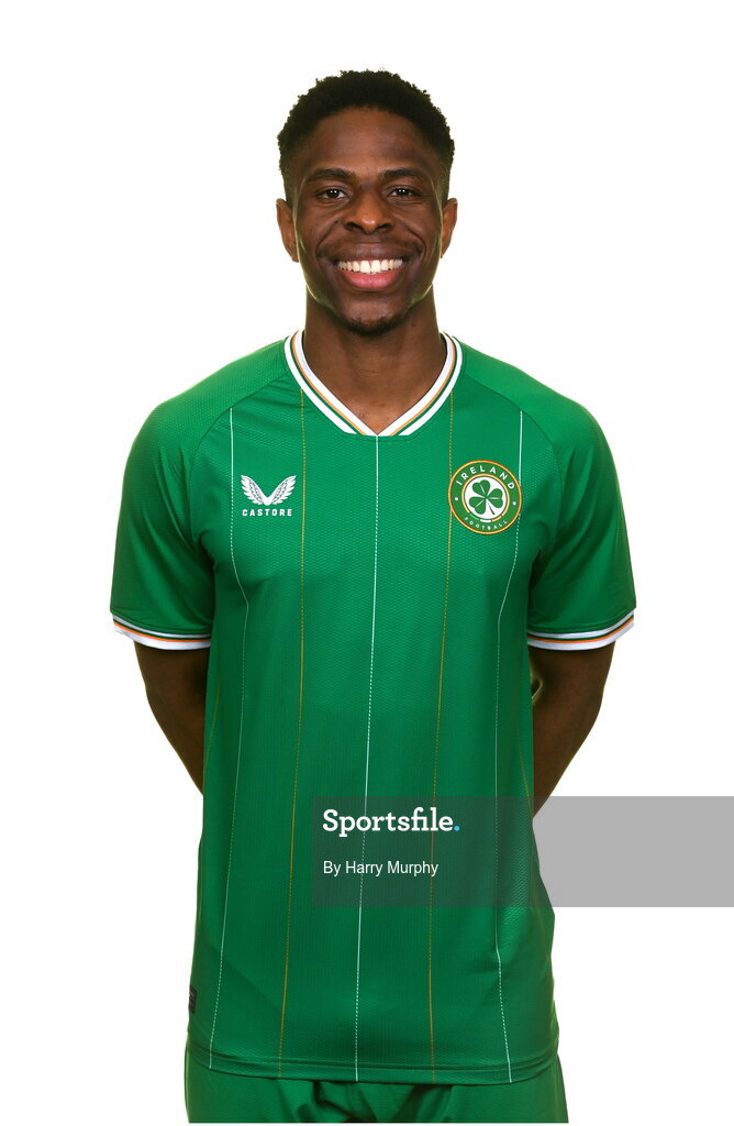 19 March 2023; Chiedozie Ogbene poses for a portrait during a Republic of Ireland squad portrait session at Castleknock Hotel in Dublin. Photo by Harry Murphy/Sportsfile