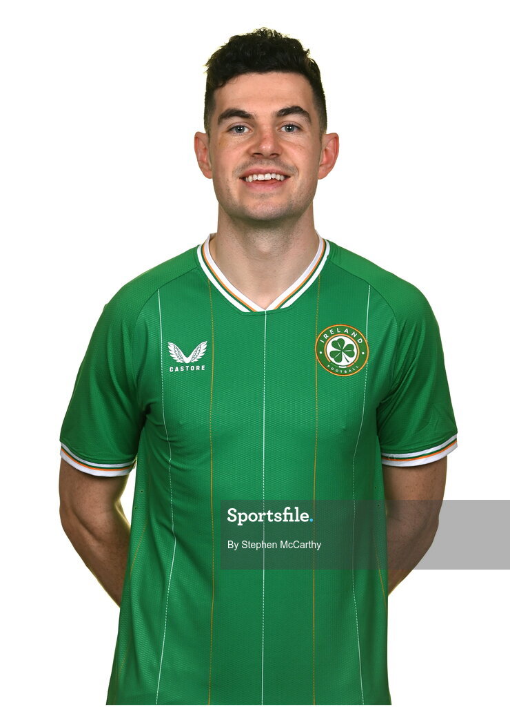 19 March 2023; John Egan poses for a portrait during a Republic of Ireland squad portrait session at Castleknock Hotel in Dublin. Photo by Stephen McCarthy/Sportsfile