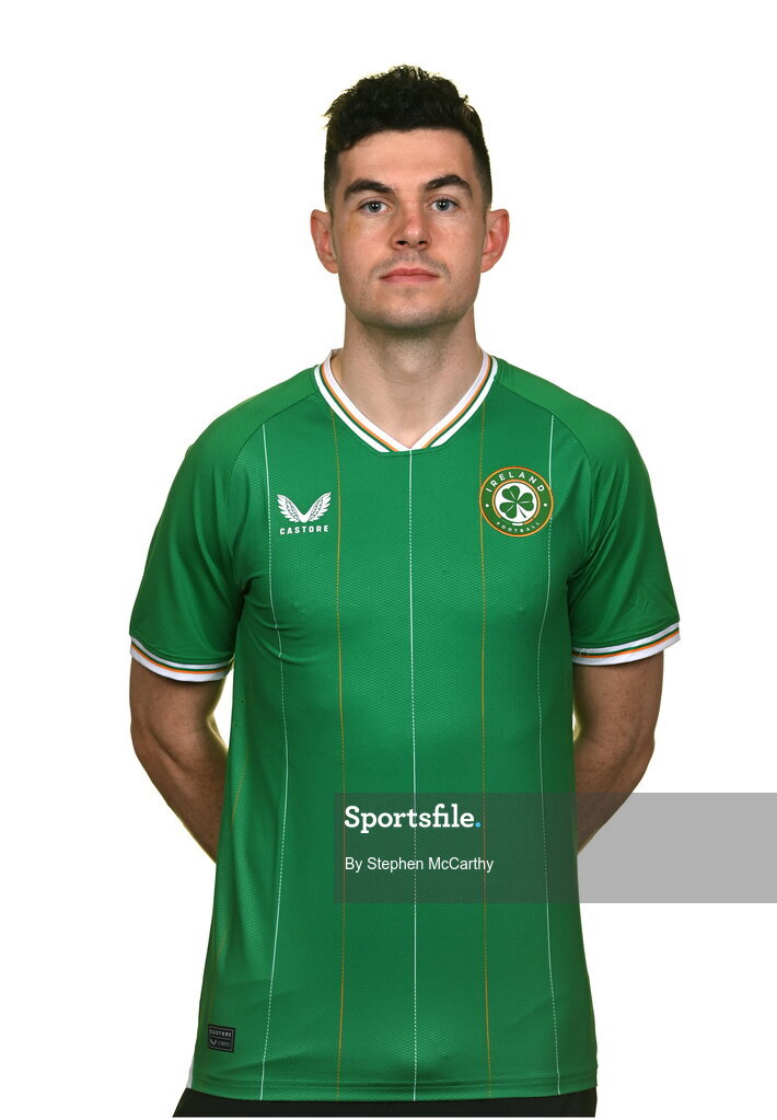 19 March 2023; John Egan poses for a portrait during a Republic of Ireland squad portrait session at Castleknock Hotel in Dublin. Photo by Stephen McCarthy/Sportsfile