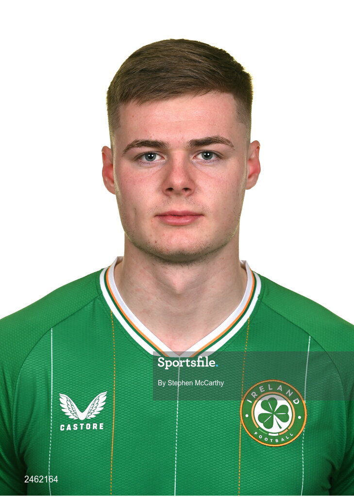 19 March 2023; Evan Ferguson poses for a portrait during a Republic of Ireland squad portrait session at Castleknock Hotel in Dublin. Photo by Stephen McCarthy/Sportsfile