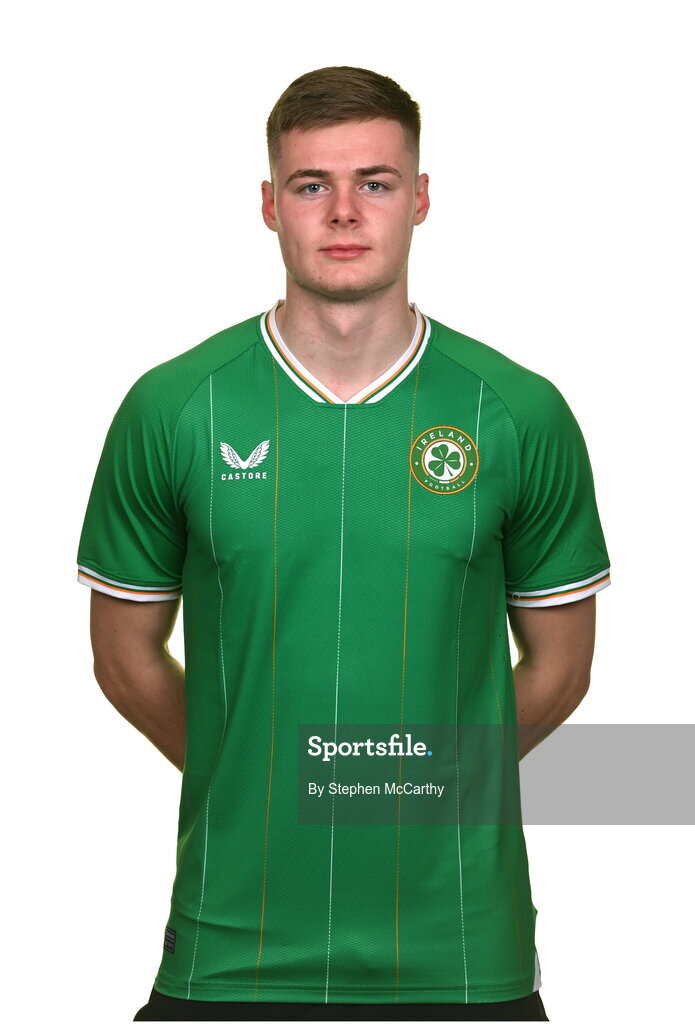 19 March 2023; Evan Ferguson poses for a portrait during a Republic of Ireland squad portrait session at Castleknock Hotel in Dublin. Photo by Stephen McCarthy/Sportsfile