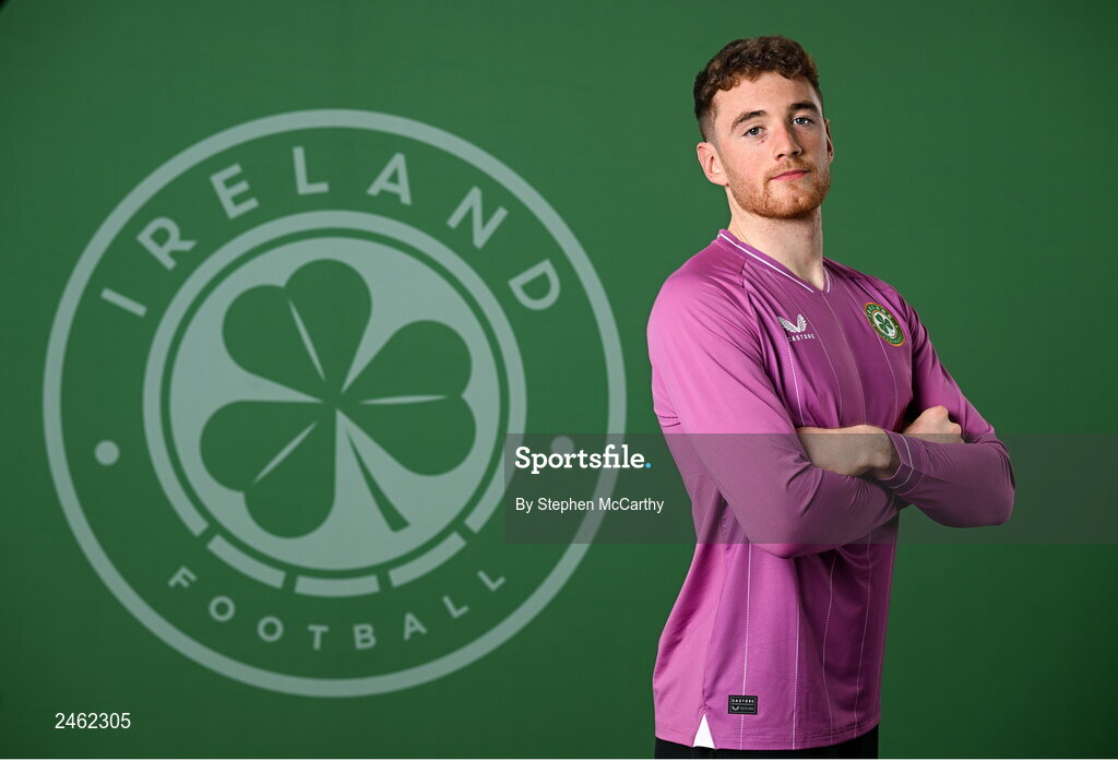 19 March 2023; Goalkeeper Mark Travers poses for a portrait during a Republic of Ireland squad portrait session at Castleknock Hotel in Dublin. Photo by Stephen McCarthy/Sportsfile
