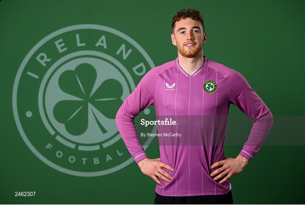 19 March 2023; Goalkeeper Mark Travers poses for a portrait during a Republic of Ireland squad portrait session at Castleknock Hotel in Dublin. Photo by Stephen McCarthy/Sportsfile
