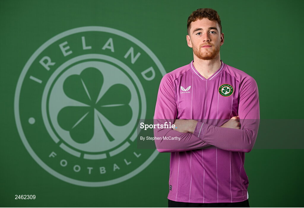 19 March 2023; Goalkeeper Mark Travers poses for a portrait during a Republic of Ireland squad portrait session at Castleknock Hotel in Dublin. Photo by Stephen McCarthy/Sportsfile