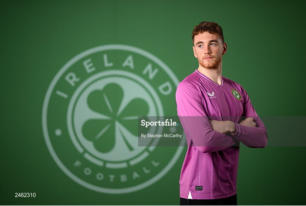 19 March 2023; Goalkeeper Mark Travers poses for a portrait during a Republic of Ireland squad portrait session at Castleknock Hotel in Dublin. Photo by Stephen McCarthy/Sportsfile