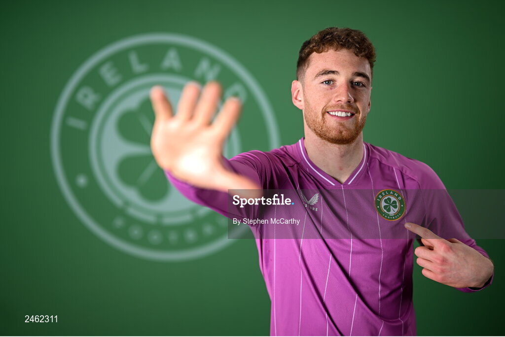 19 March 2023; Goalkeeper Mark Travers poses for a portrait during a Republic of Ireland squad portrait session at Castleknock Hotel in Dublin. Photo by Stephen McCarthy/Sportsfile