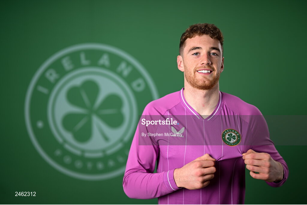 19 March 2023; Goalkeeper Mark Travers poses for a portrait during a Republic of Ireland squad portrait session at Castleknock Hotel in Dublin. Photo by Stephen McCarthy/Sportsfile