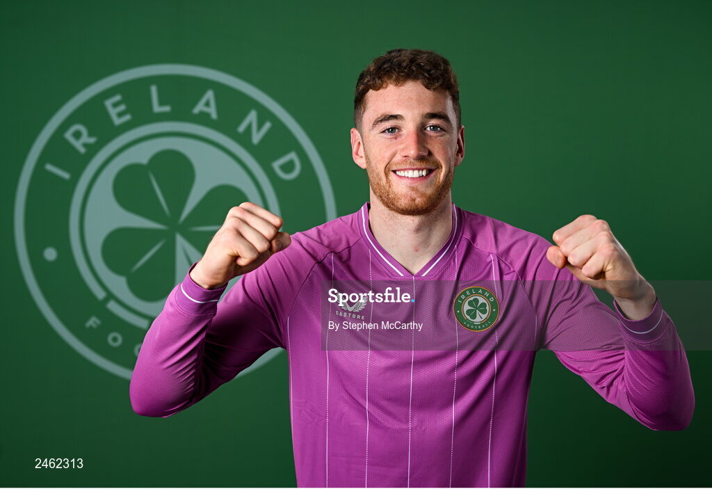 19 March 2023; Goalkeeper Mark Travers poses for a portrait during a Republic of Ireland squad portrait session at Castleknock Hotel in Dublin. Photo by Stephen McCarthy/Sportsfile