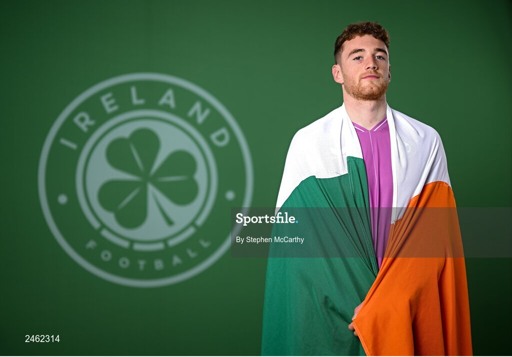 19 March 2023; Goalkeeper Mark Travers poses for a portrait during a Republic of Ireland squad portrait session at Castleknock Hotel in Dublin. Photo by Stephen McCarthy/Sportsfile