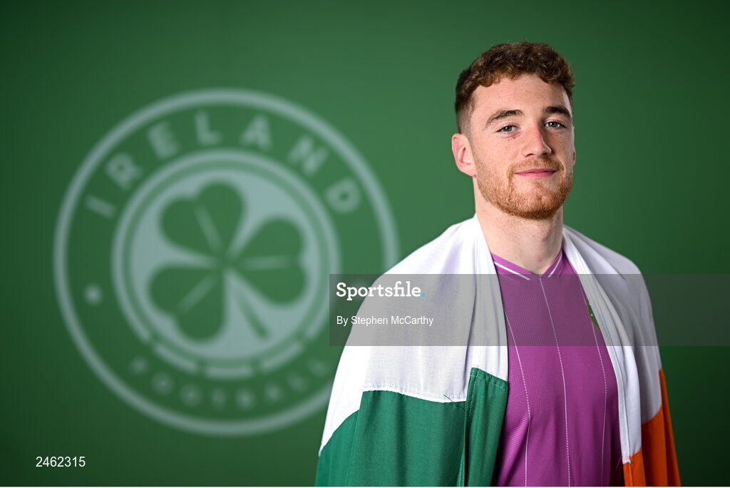 19 March 2023; Goalkeeper Mark Travers poses for a portrait during a Republic of Ireland squad portrait session at Castleknock Hotel in Dublin. Photo by Stephen McCarthy/Sportsfile
