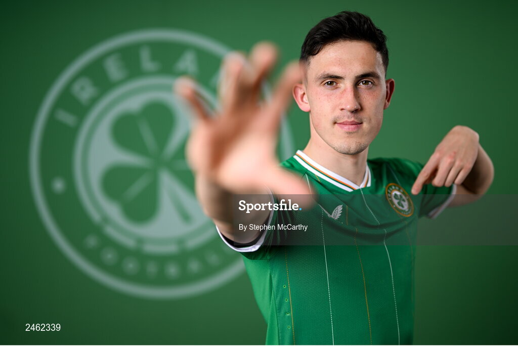 19 March 2023; Jamie McGrath poses for a portrait during a Republic of Ireland squad portrait session at Castleknock Hotel in Dublin. Photo by Stephen McCarthy/Sportsfile