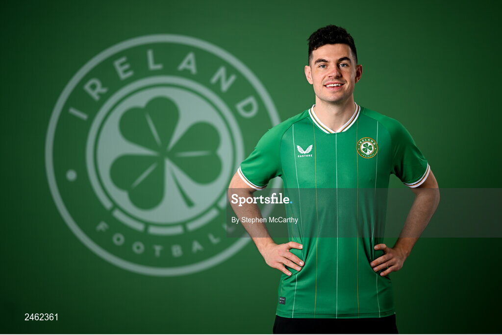 19 March 2023; John Egan poses for a portrait during a Republic of Ireland squad portrait session at Castleknock Hotel in Dublin. Photo by Stephen McCarthy/Sportsfile