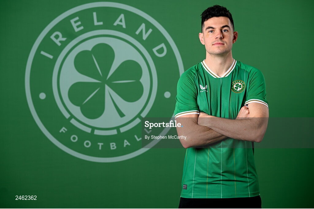 19 March 2023; John Egan poses for a portrait during a Republic of Ireland squad portrait session at Castleknock Hotel in Dublin. Photo by Stephen McCarthy/Sportsfile