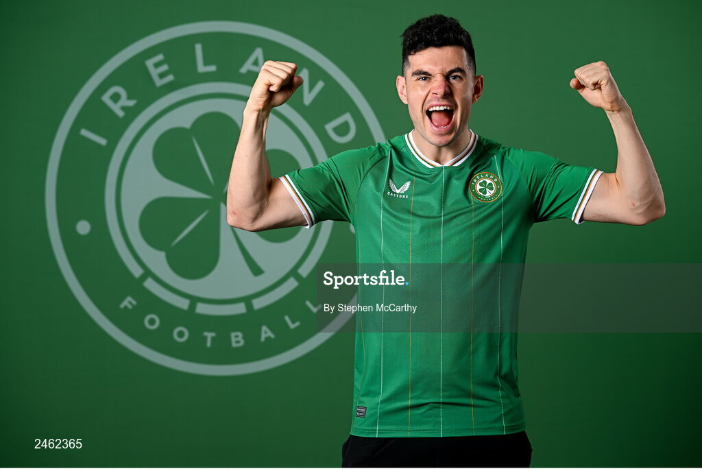 19 March 2023; John Egan poses for a portrait during a Republic of Ireland squad portrait session at Castleknock Hotel in Dublin. Photo by Stephen McCarthy/Sportsfile