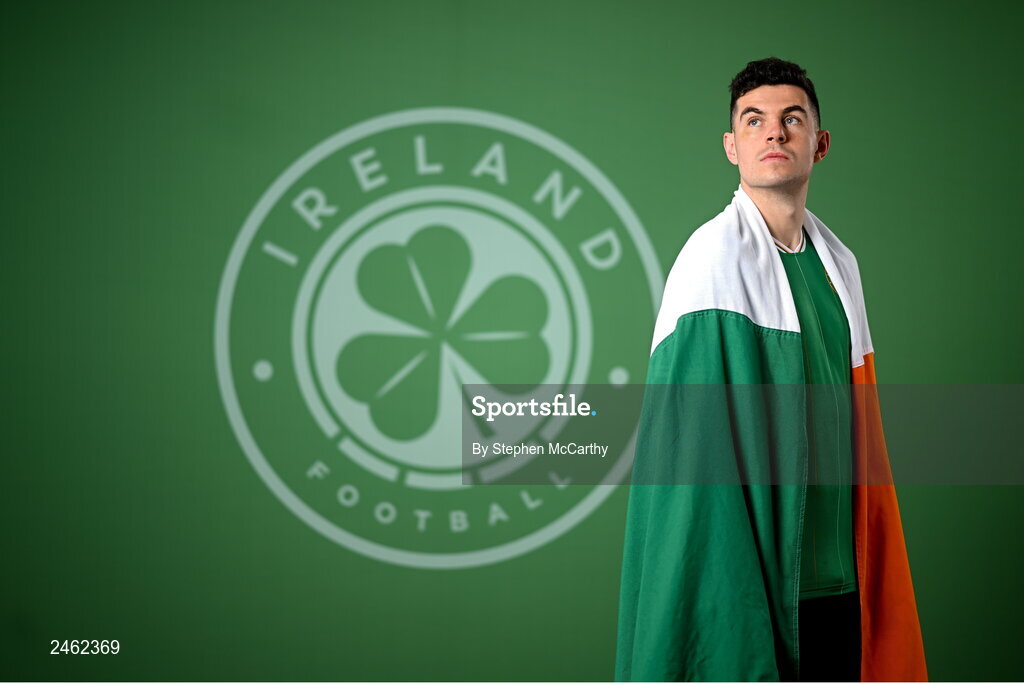 19 March 2023; John Egan poses for a portrait during a Republic of Ireland squad portrait session at Castleknock Hotel in Dublin. Photo by Stephen McCarthy/Sportsfile