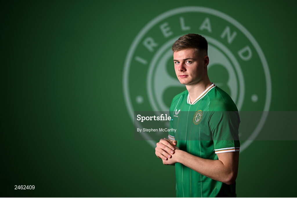 19 March 2023; Evan Ferguson poses for a portrait during a Republic of Ireland squad portrait session at Castleknock Hotel in Dublin. Photo by Stephen McCarthy/Sportsfile