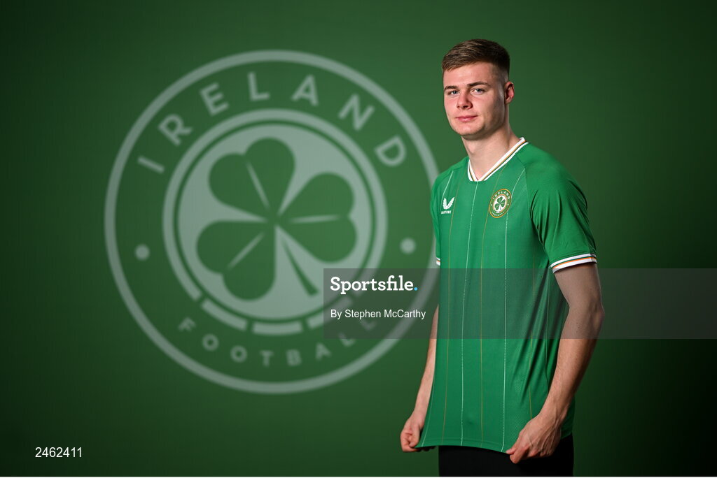 19 March 2023; Evan Ferguson poses for a portrait during a Republic of Ireland squad portrait session at Castleknock Hotel in Dublin. Photo by Stephen McCarthy/Sportsfile