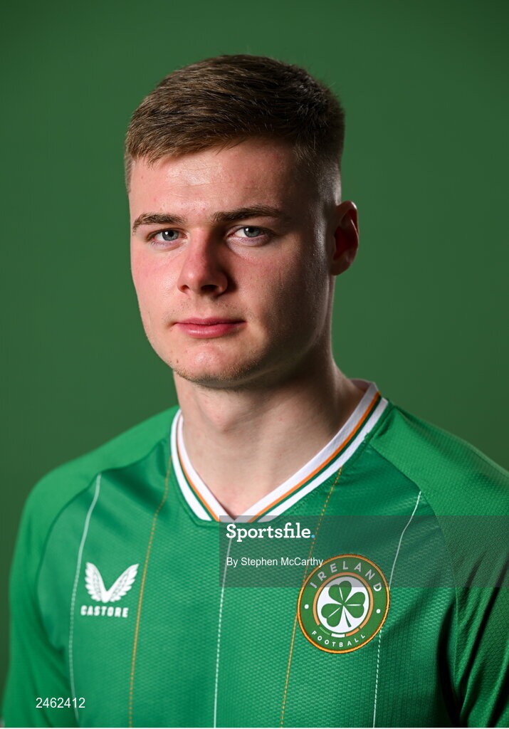 19 March 2023; Evan Ferguson poses for a portrait during a Republic of Ireland squad portrait session at Castleknock Hotel in Dublin. Photo by Stephen McCarthy/Sportsfile
