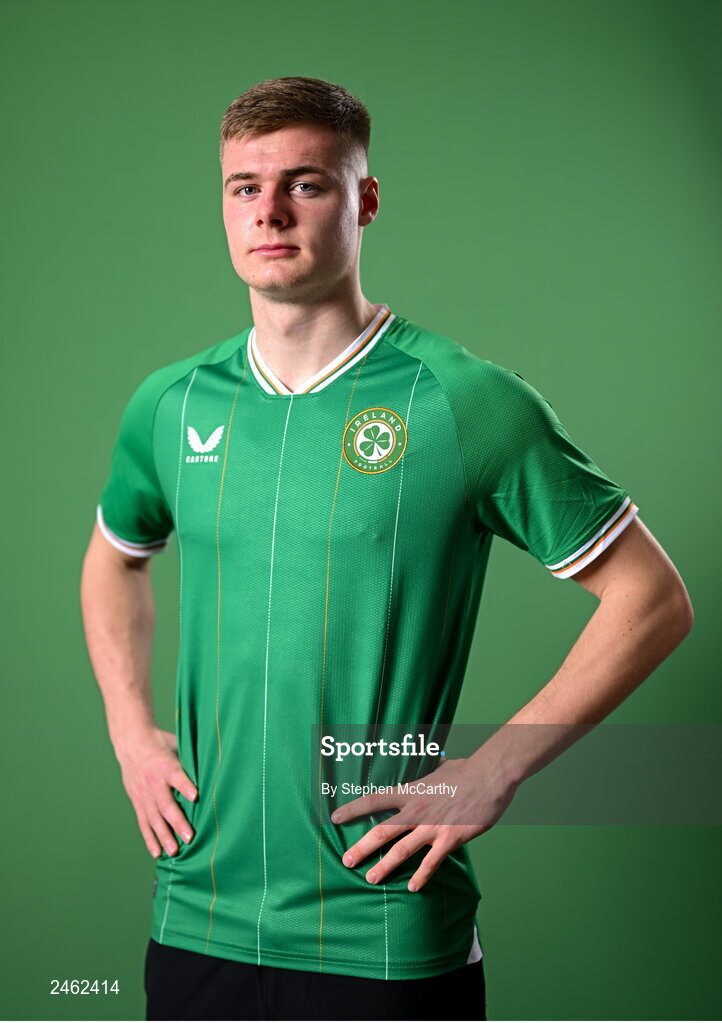 19 March 2023; Evan Ferguson poses for a portrait during a Republic of Ireland squad portrait session at Castleknock Hotel in Dublin. Photo by Stephen McCarthy/Sportsfile