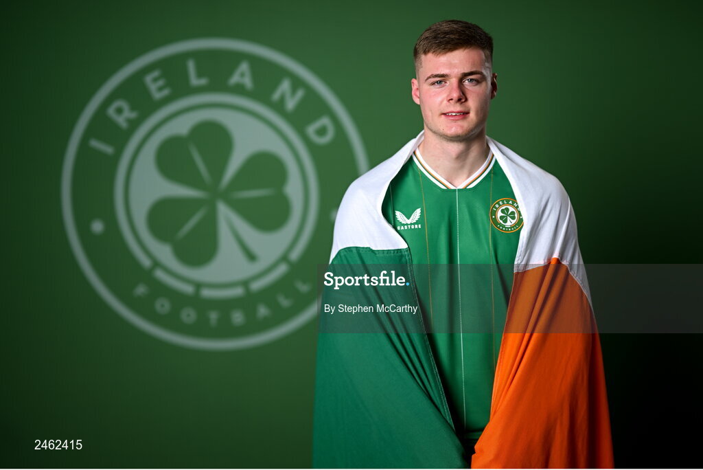 19 March 2023; Evan Ferguson poses for a portrait during a Republic of Ireland squad portrait session at Castleknock Hotel in Dublin. Photo by Stephen McCarthy/Sportsfile