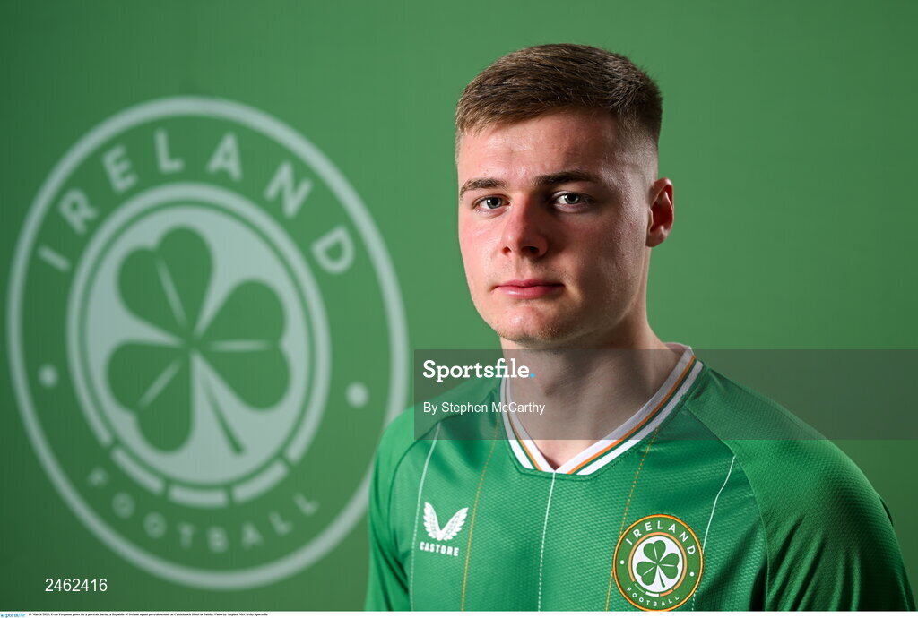 19 March 2023; Evan Ferguson poses for a portrait during a Republic of Ireland squad portrait session at Castleknock Hotel in Dublin. Photo by Stephen McCarthy/Sportsfile