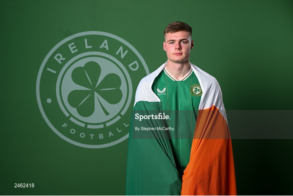 19 March 2023; Evan Ferguson poses for a portrait during a Republic of Ireland squad portrait session at Castleknock Hotel in Dublin. Photo by Stephen McCarthy/Sportsfile
