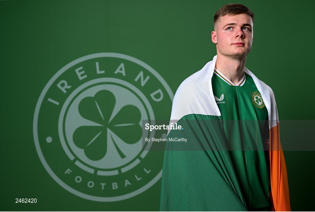 19 March 2023; Evan Ferguson poses for a portrait during a Republic of Ireland squad portrait session at Castleknock Hotel in Dublin. Photo by Stephen McCarthy/Sportsfile