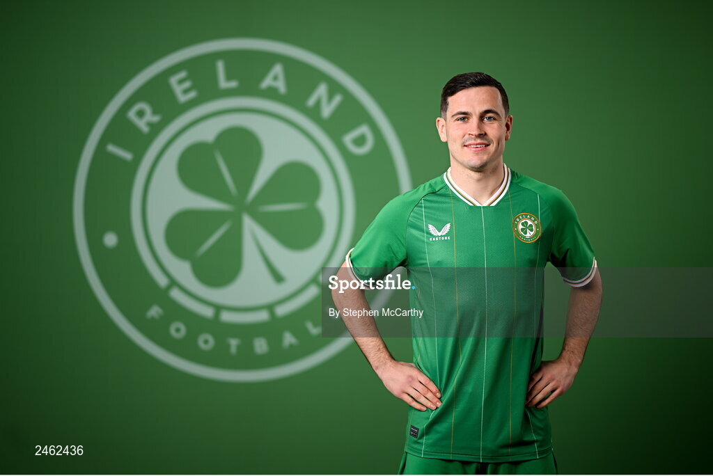 19 March 2023; Josh Cullen poses for a portrait during a Republic of Ireland squad portrait session at Castleknock Hotel in Dublin. Photo by Stephen McCarthy/Sportsfile